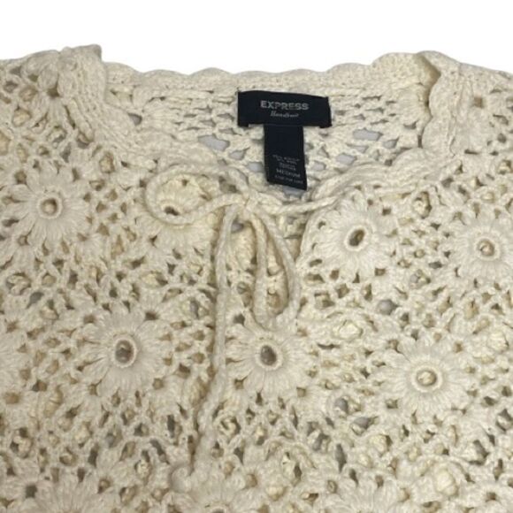Express cream hand knit formal crochet wool blend sweater size M - Picture 10 of 16